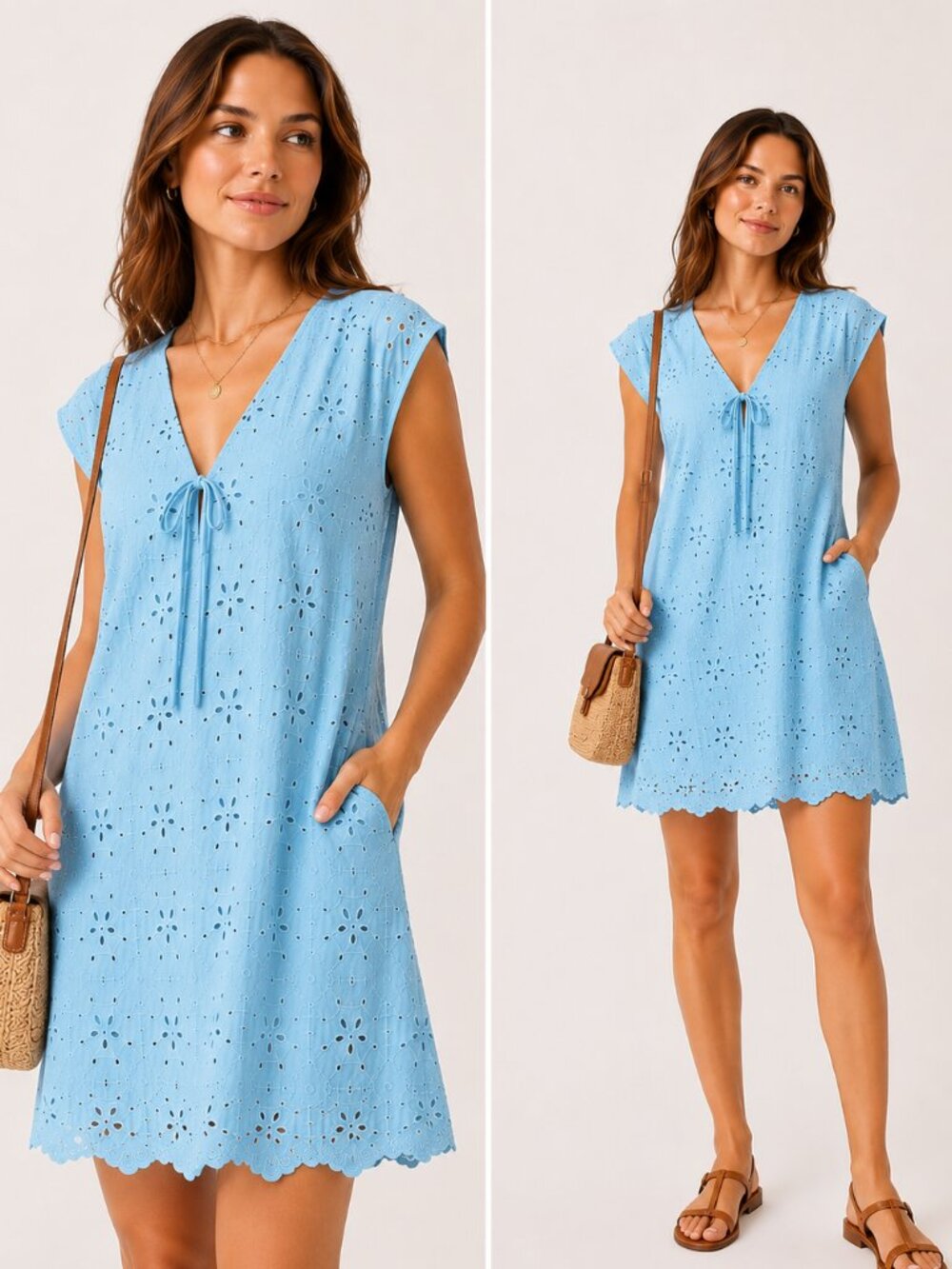 FINAL SALE! NWT A New Day Eyelet Mini Dress Blue V-Neck Tie Front Size Large